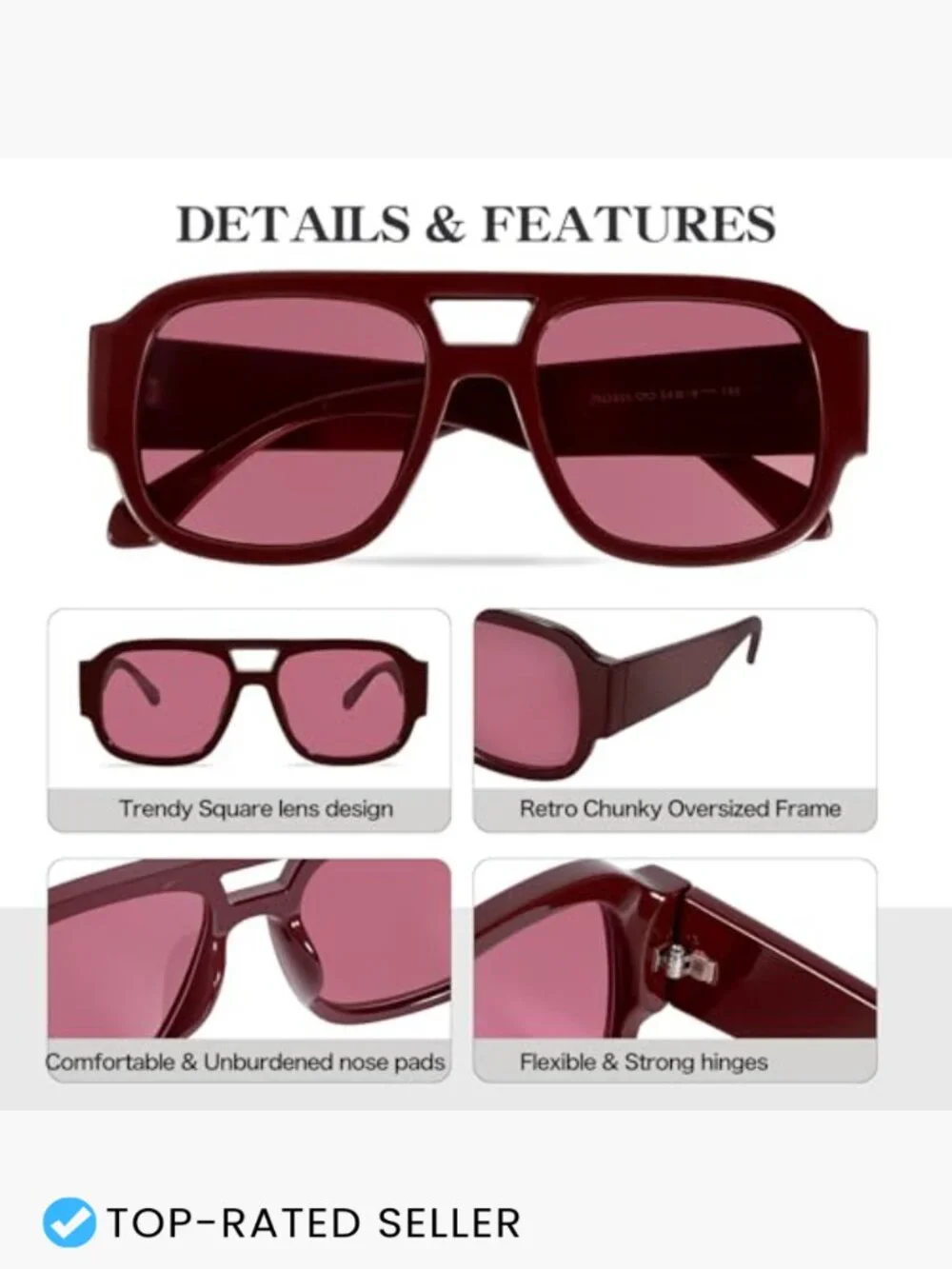 Retro Oversized Square Aviator Sunglasses Chunky Frame UV Protection